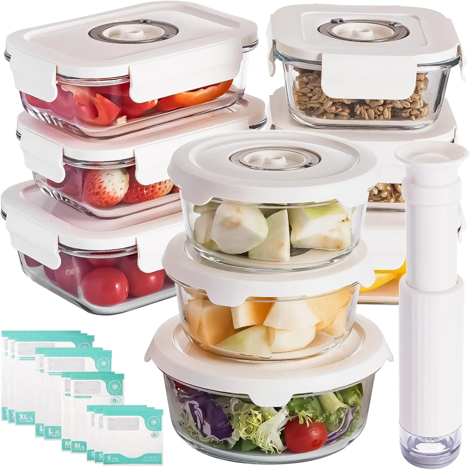 

Vacuum Sealing Glass Container Set with Hand Pump, 9-Piece Variety Pack in 6 Different Sizes, Airtight Food Storage with