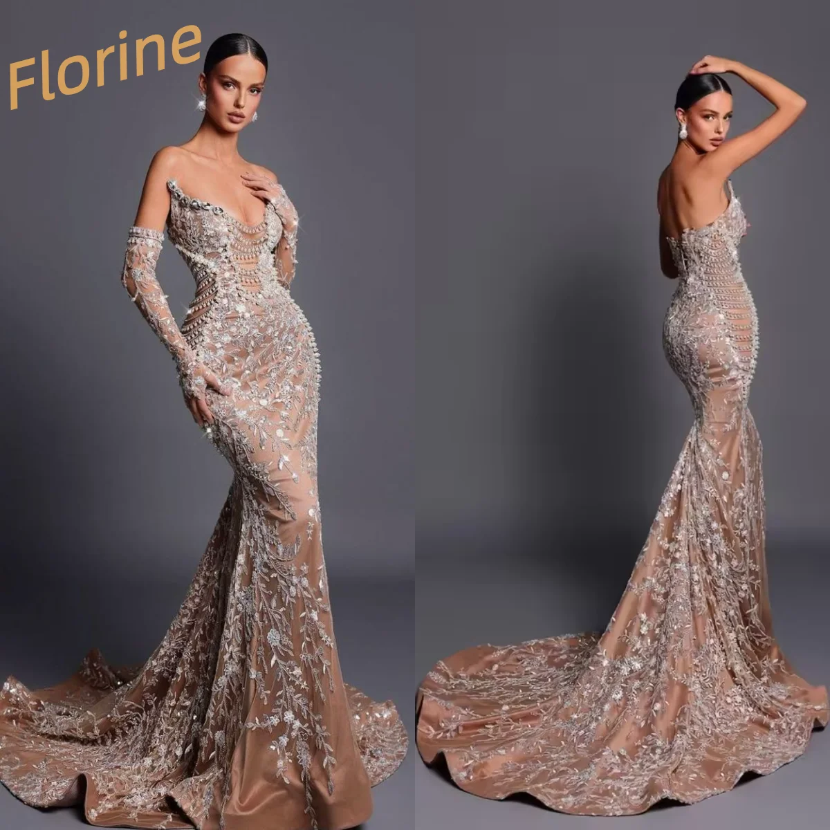 

Elegant Evening Dresses Mermaid Strapless Pearls Appliques Prom Dresses Backless فساتين سهرة Custom Made Party Gown