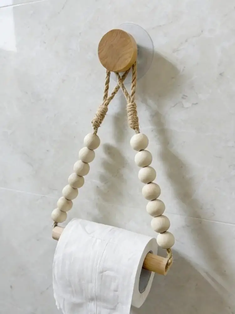 Porte-rouleau de papier mural en bois de style nordique, tressé à la main avec corde, sans perçage, détails en perles et cordes