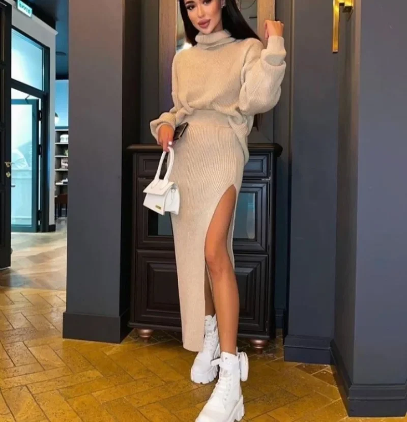 High Quality Women\'s Solid Color Knitted Two-piece Sexy High-neck Loose Wool Knit Pullover + Split High-waist Skirt Casual Suit