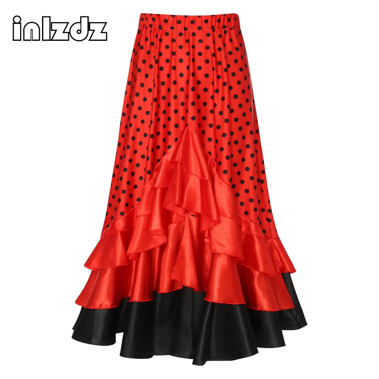 Długa spódnica do tańca dla dziewcząt, hiszpański styl, folklorystyczny, meksykański flamenco, taniec brzucha, satynowa, z falbanami, na konkursy taneczne, kostium sceniczny.