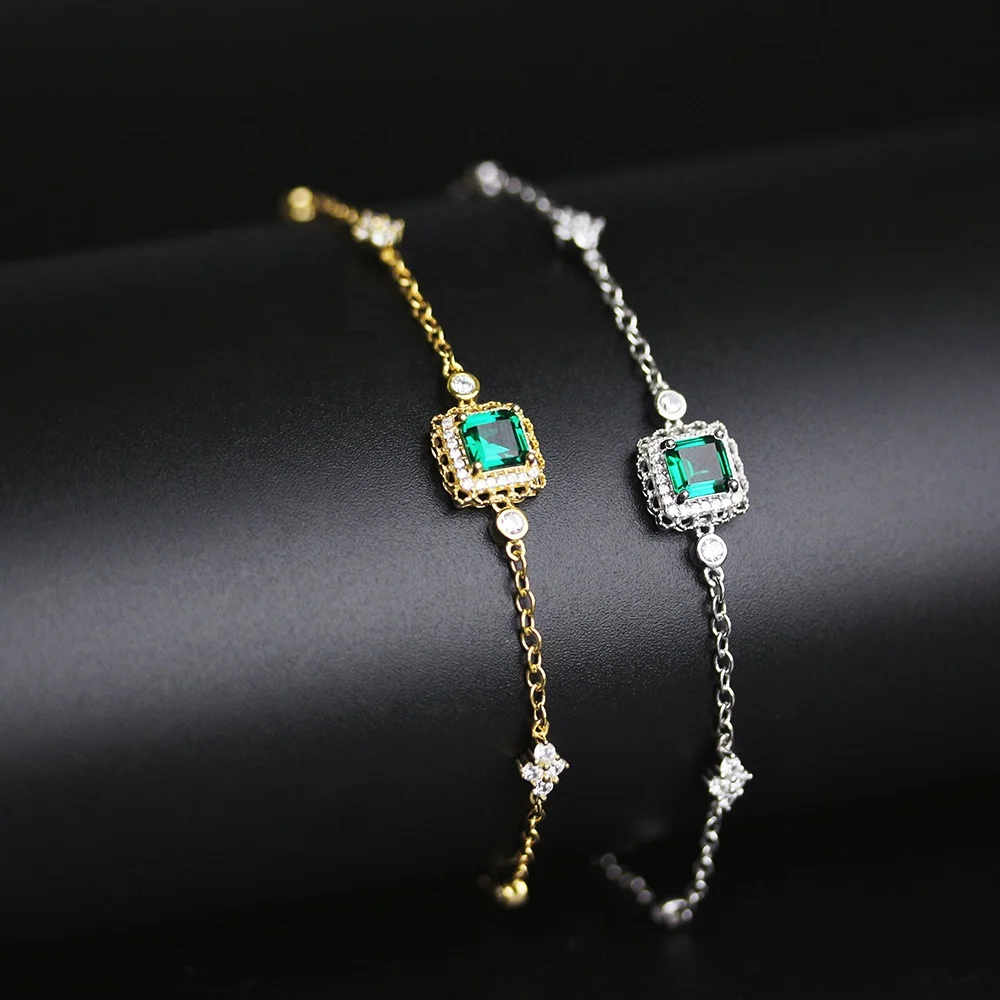 

CLYSSIA Sterling Silver 925 Lab Created Gemstone Luxury Green Halo Emerald Women Bracelet Fine Jewelry for Women