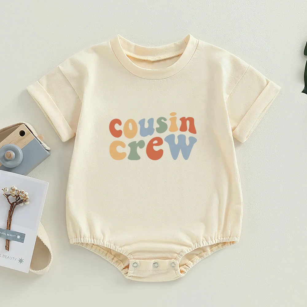 New To The Cousin Crew Newborn Baby Boy Girl Bubble Romper Boho Retro Cute Cousin Natural Crew Bodysuit Infant Summer Outfits