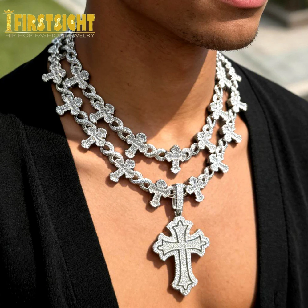 

New Iced Out Infinity Cross Necklace Two Tone Color Prong Setting Cubic Zirconia Cross Link Chain Hip Hop for Men Women Jewelry