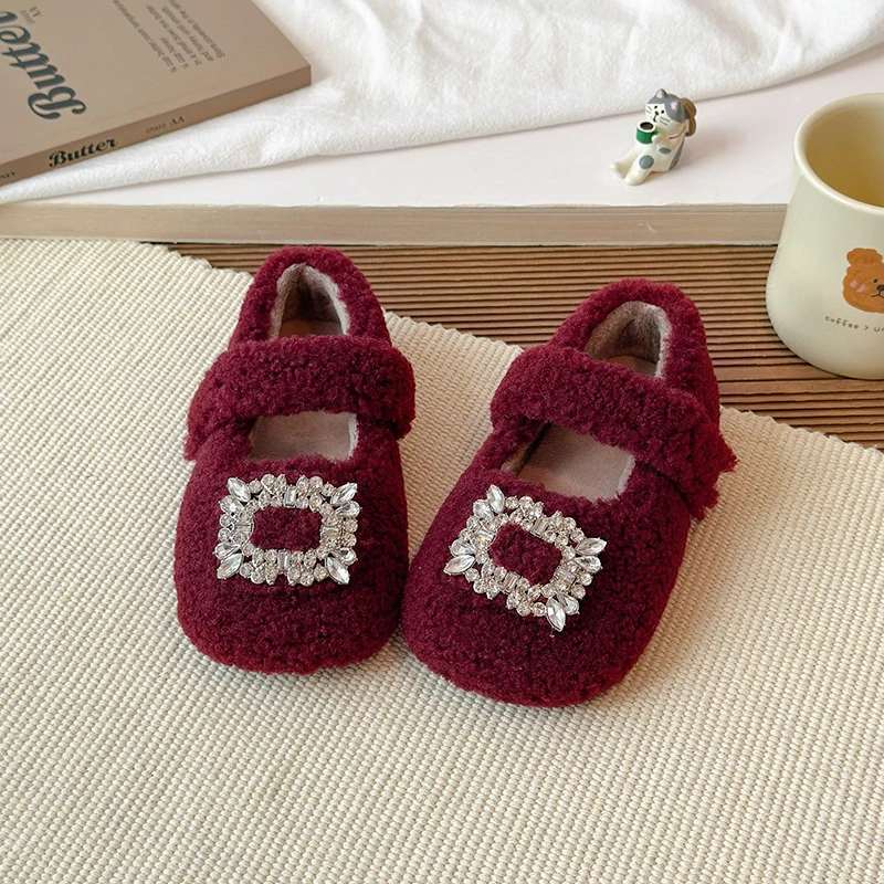 Toddler Girls Rhinestone Buckle Fleece Mary Jane Shoes, Sweet Princess Flats with Plush Upper, Little Kids Party Dress Shoes
