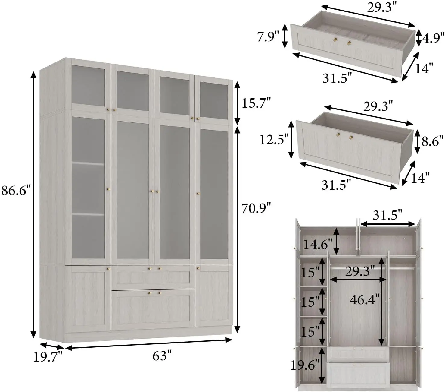 MOUMON Large Wardrobe Closet with 4 Acrylic Doors and 2 Drawers, Armoire Wardrobe Closet with Hanging Rod, Top Cube Storage