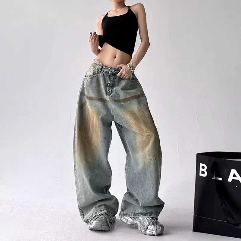 2026 New Women's Vintage Yellow Mud Washed Denim Pants Oversize High Street Hip Casual Versatile Straight Leg Jeans Streetwear