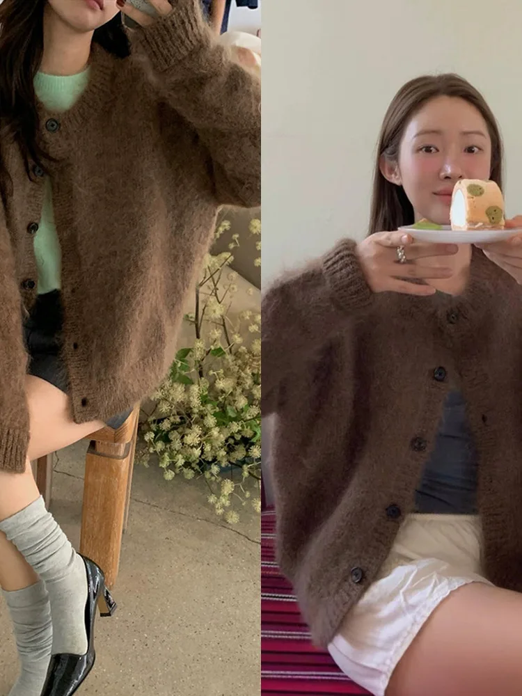 

Retro Sle Women's Open Cardigan Knitted in Mohair Single Button round Ne Loose Fit Long Sve Soft And Cozy Piece