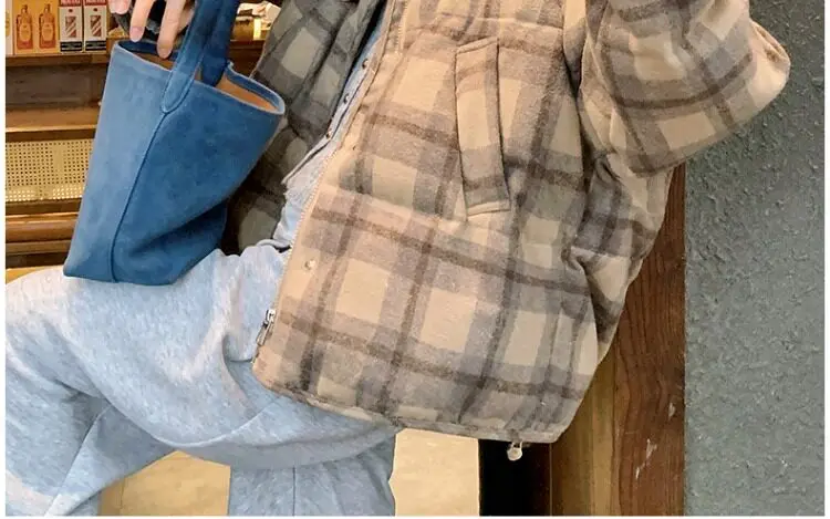 Retro Plaid Short Padded Jacket for Women Autumn Winter Maillard Style Thick Warm Outerwear Female Casual Korean Puffer Jackets