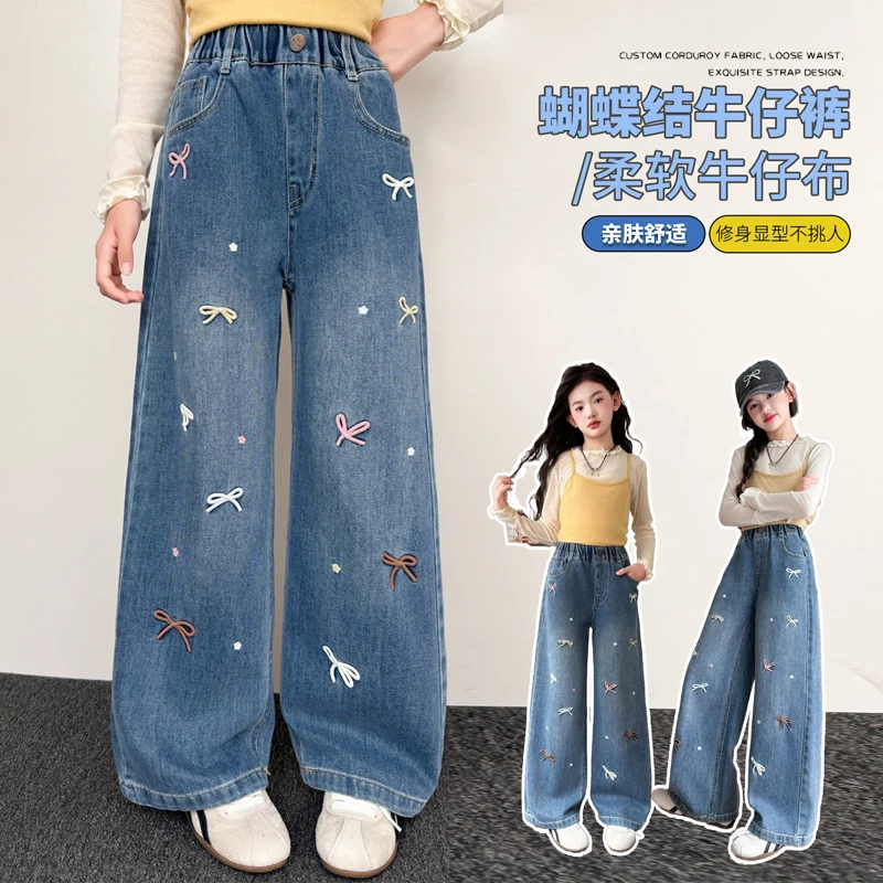 Vintage Blue Jeans for Girls High Waist Y2K Fashion Splicing Bow Straight Leg American Street Trousers Daily Wear 4-14 Years