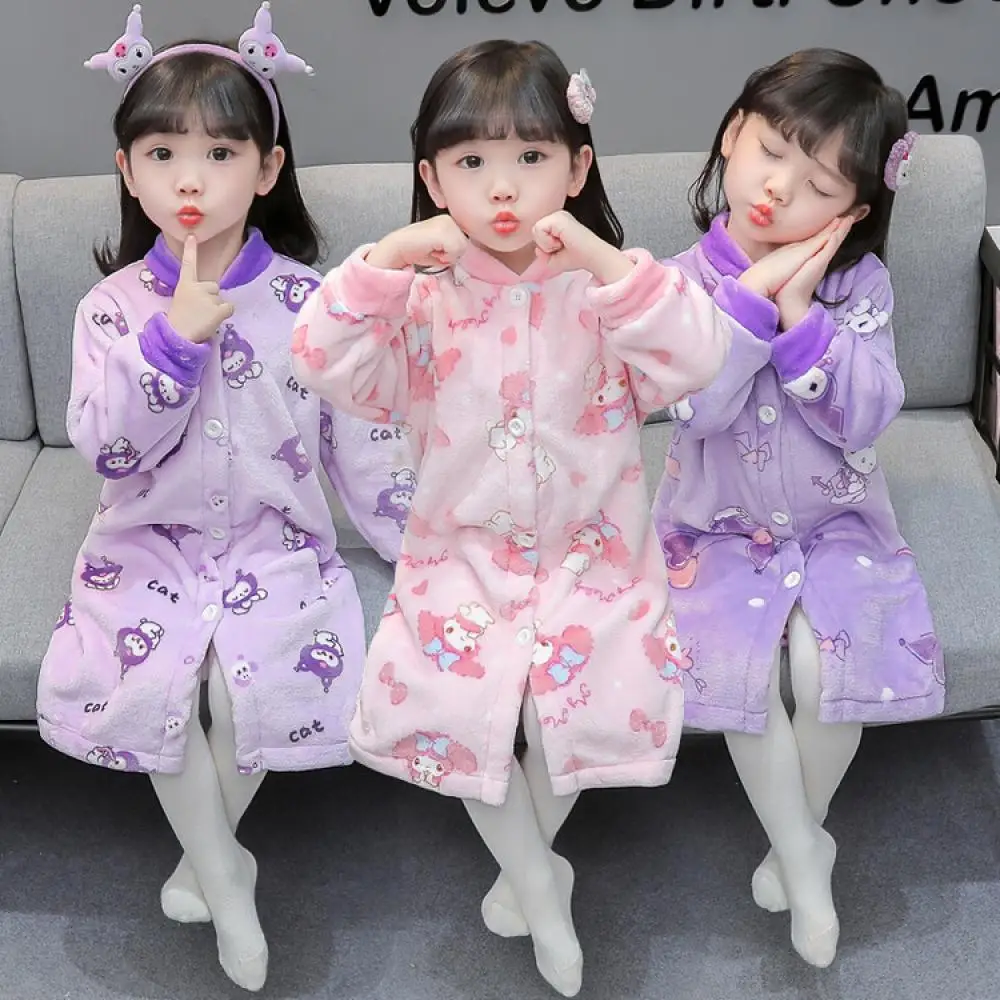 Kawaii Kuromi Melody Children's Flannel Night-Robe Sanrios Anime Autumn Winter Cartoon Girls Thicke Warm Comfortable Home Wear