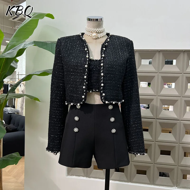 KBQ Solid Three Piece Sets for Women Round Collar Long Sleeve Coats Sexy Vest High Waist Spliced Button Shorts Luxury Set Female