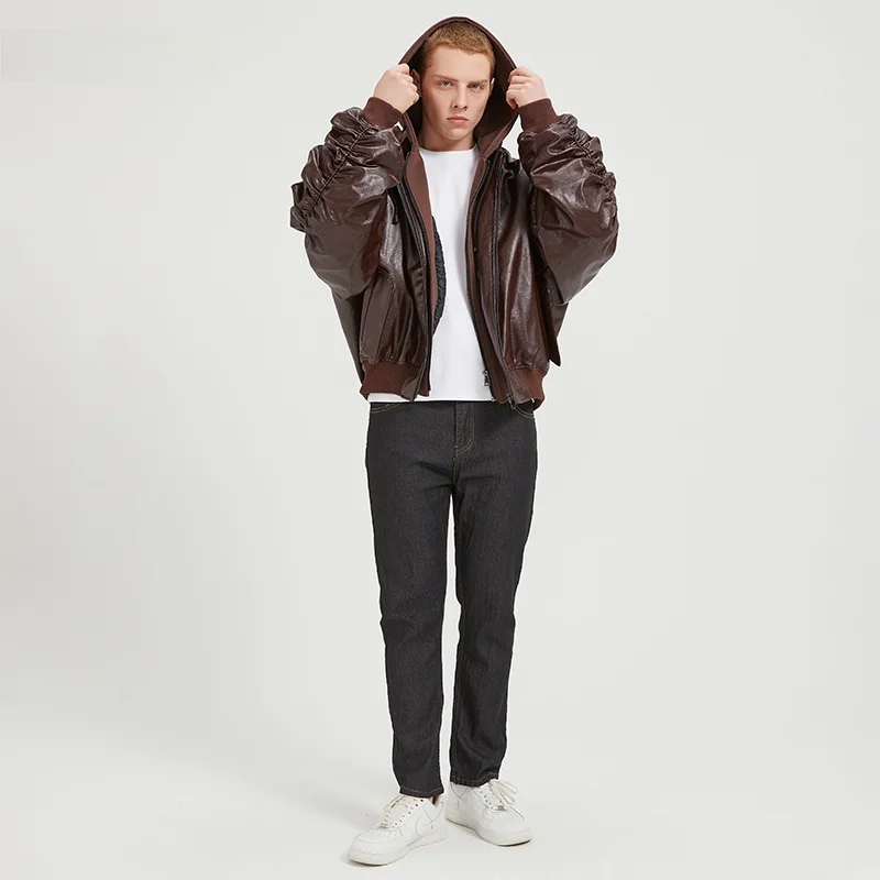 Nerazzurri Coffee Brown PU Leather Jacket Men's Oversize Cotton-Enhanced Hooded Coat Loose Fit Youthful Style Casual Wear
