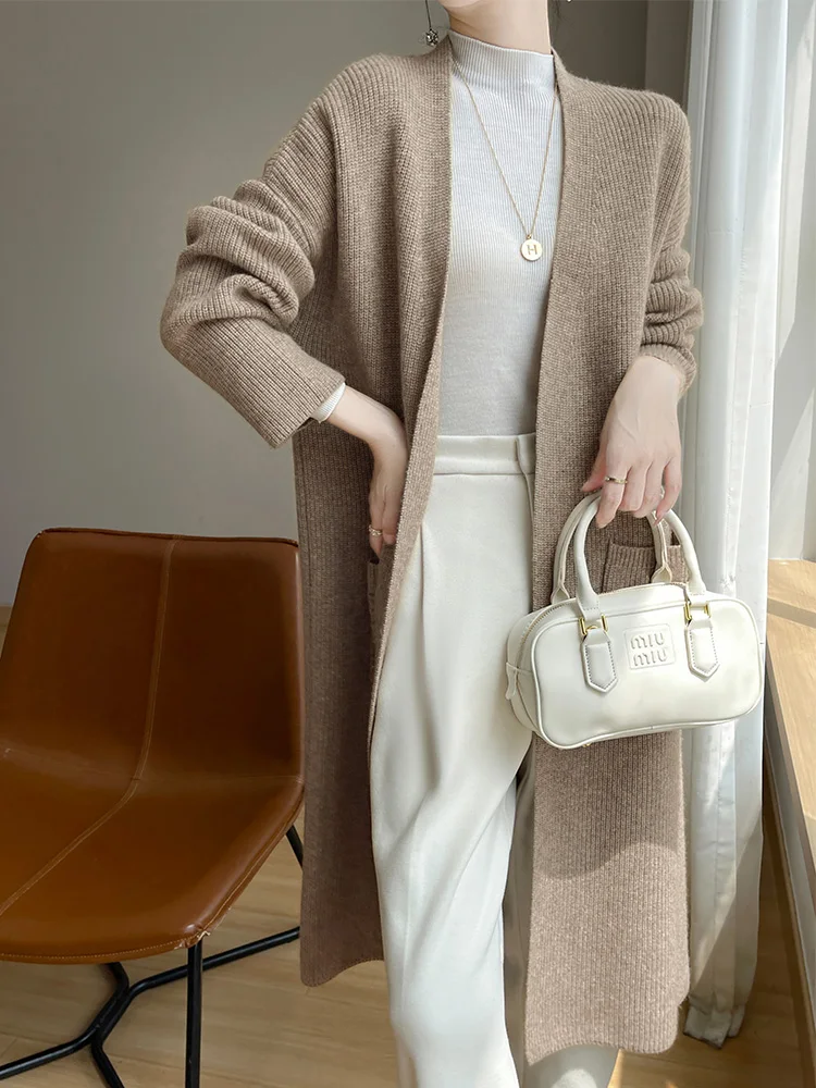 

2025 New Women Cashmere Long Cardigan Autumn Winter Loose Casual Style Sweater High Quality 100% Merino Wool Knitwear Simple Top