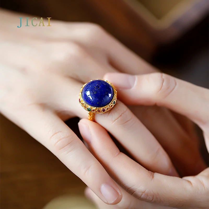 

JICAI S925 Silver Plated Gold Inlaid Natural Lapis Lazuli Women Jewelry Auspicious Cloud Pattern Vintage Elegant New Rings