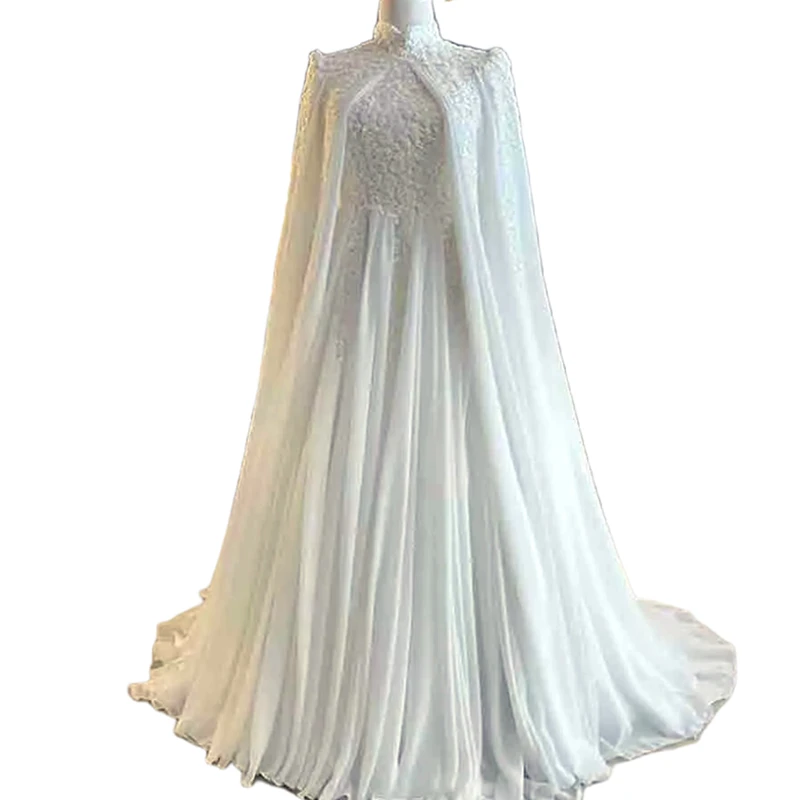 Muslim Chiffon A-Line Wedding Dress With Long Wrap High Collar Long Sleeves Elegant White Wedding Gown For Women Customized