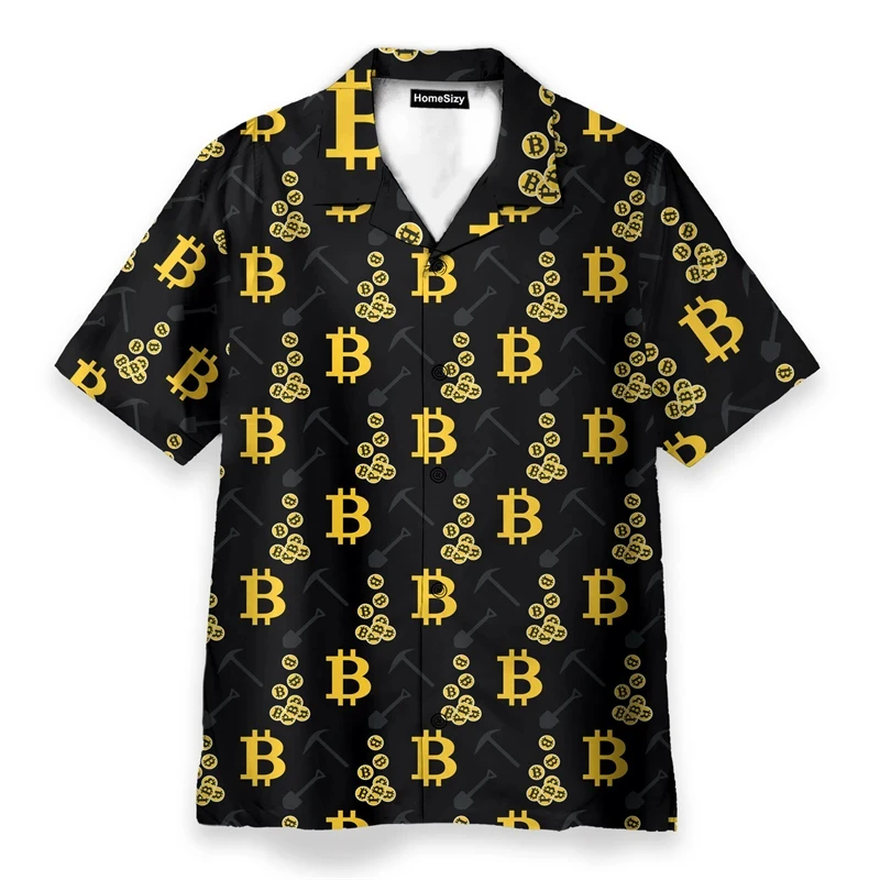 Full Printed Bitcoin Graphic Beach Shirts For Men Summer Short Sleeve Button Up Hawaii Vocation Shirt Mens Casual Blouse Shirts