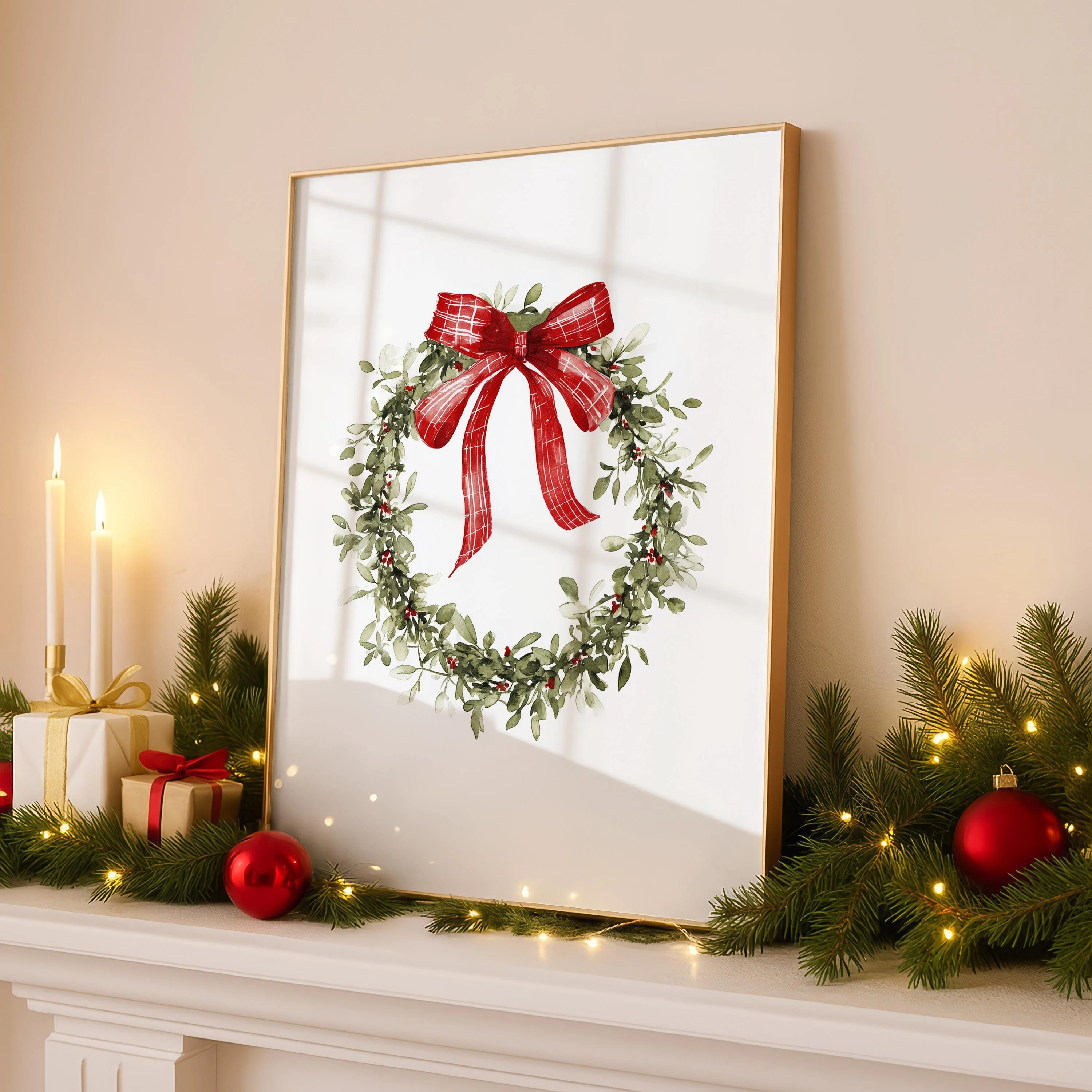 Christmas Prints Set of 3 Wall Art Room Decor Poster Christmas Wreath Art Red Bow Coquette Holiday Decor Seasonal Gallery Gift
