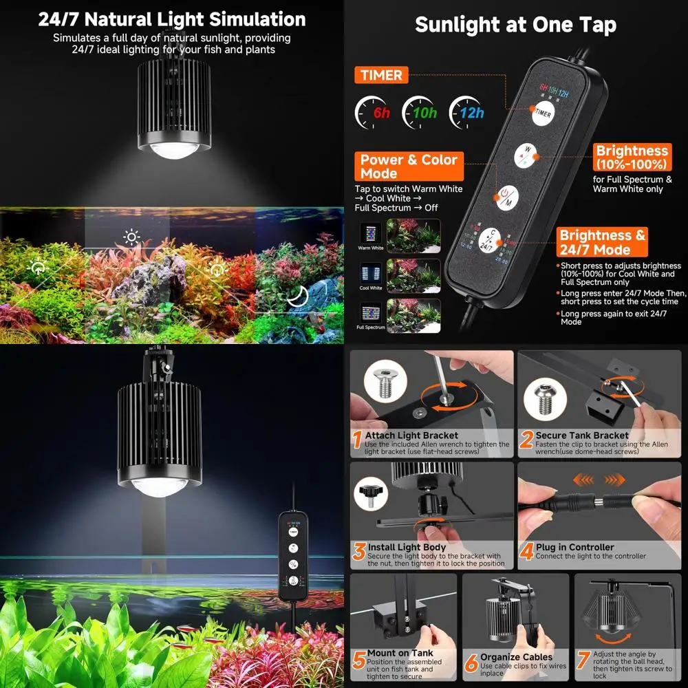 

Регулируемый светодиодный светильник для аквариума 24/7, 3 цвета, 10 ярких спектров для пресноводных аквариумов (60 Вт)