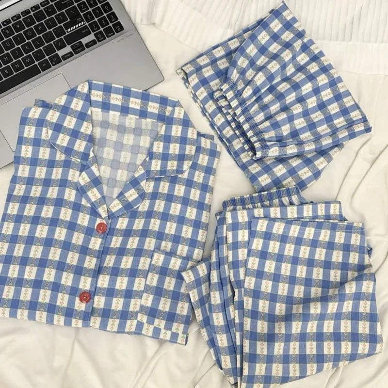 

Summer Ladies Cotton Short-Sleeved Pyjamas Set Summer Short-Sleeved Shorts Trousers Three-Piece Set Ladies Short-Sleeved Casual