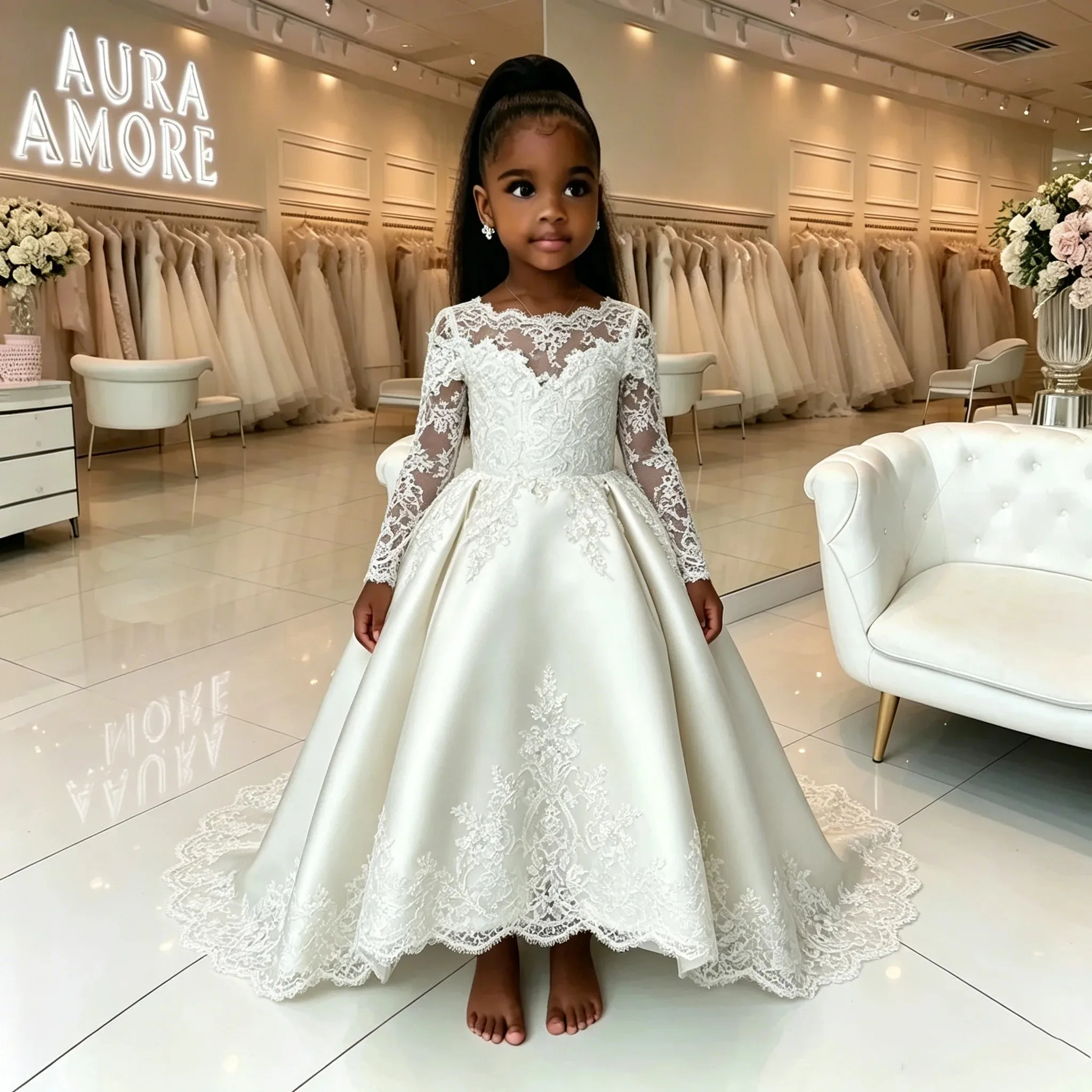 Wedding Party Girls Lace Long Sleeve Pageant Dresses Elegant Hand Embroidered Satin Trailing Flower Girl Dresses Girls