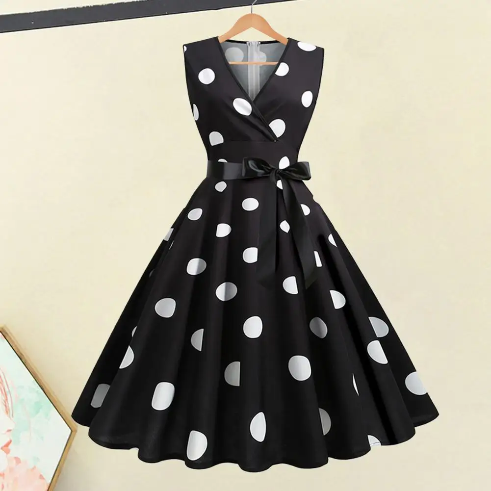 Dress Elegant Vintage Princess Style Evening Dress with Contrast Color Dot Print Bow Waist A-line Big Swing Slim Fit for Women