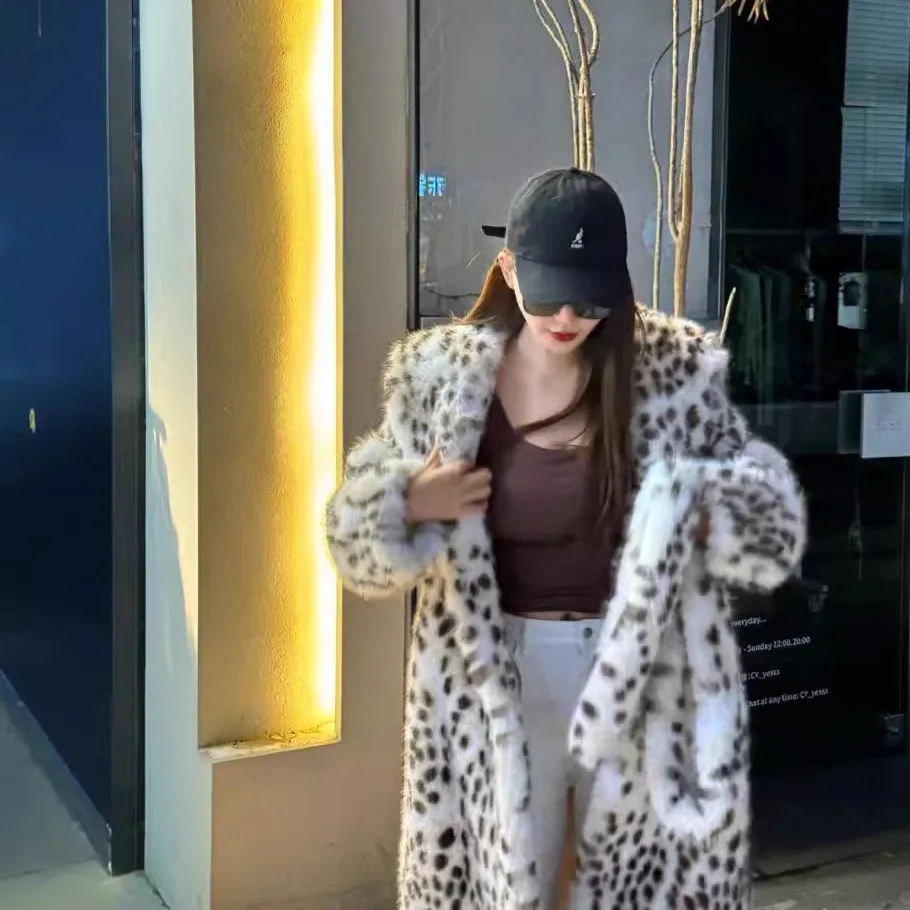 Manteau Long en fausse fourrure de renard léopard avec ceinture pour femme, pardessus élégant pour dames, mode de rue, manteau en fourrure de renard moelleuse