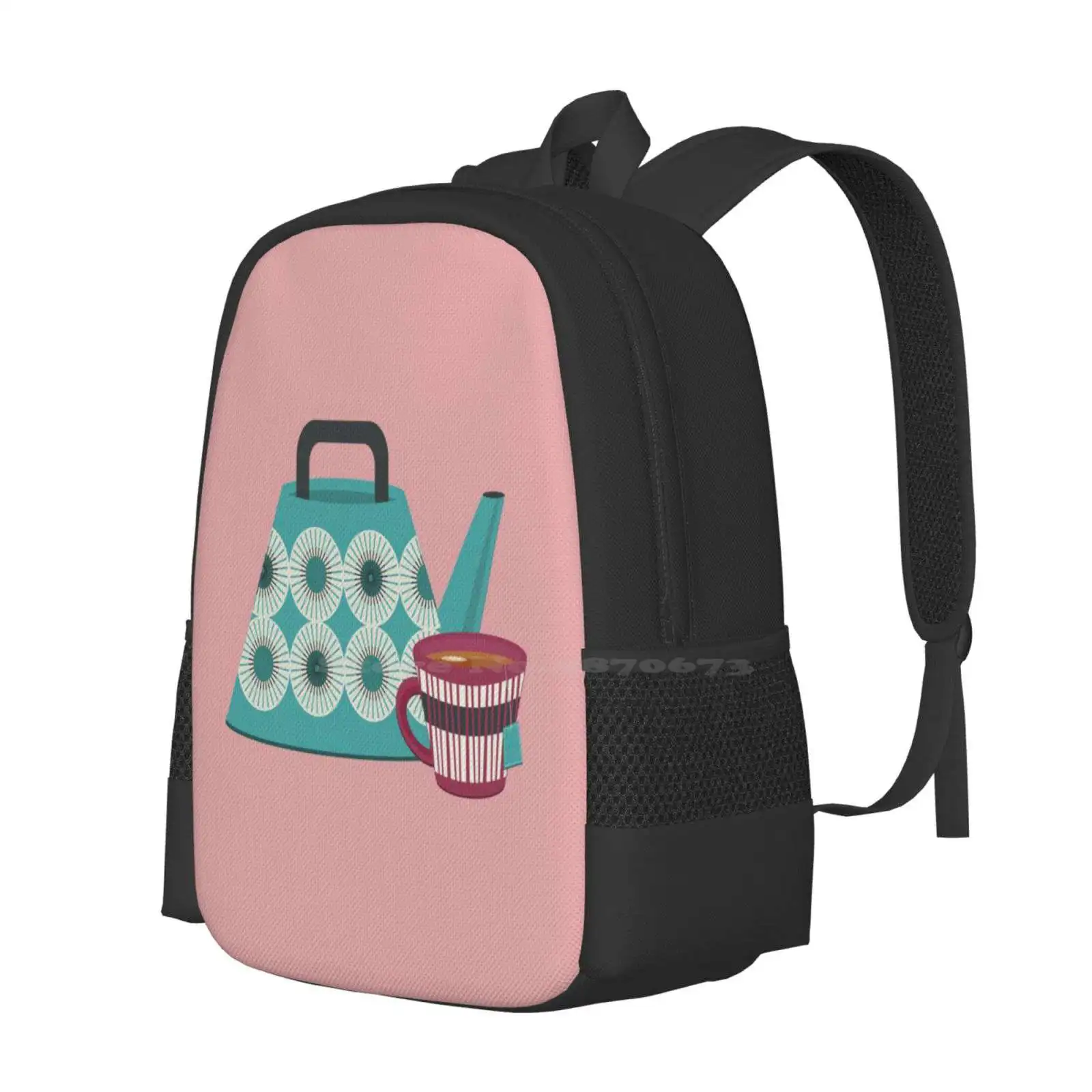 Mid-Century Modern Tea Time Backpack For Student School Laptop Travel Bag Midcentury Modern Teapot Retro Vintage Teacup