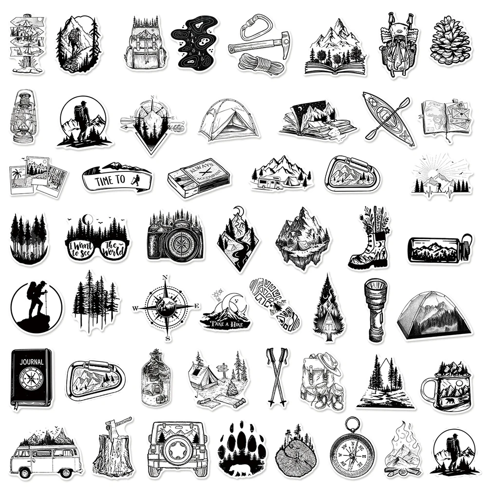 10/30/50 قطعة مضحك التنزه السفر تسلق الجبال ملصقات التخييم في الهواء الطلق أسود أبيض الكتابة على الجدران الشارات لحقيبة الهاتف المحمول