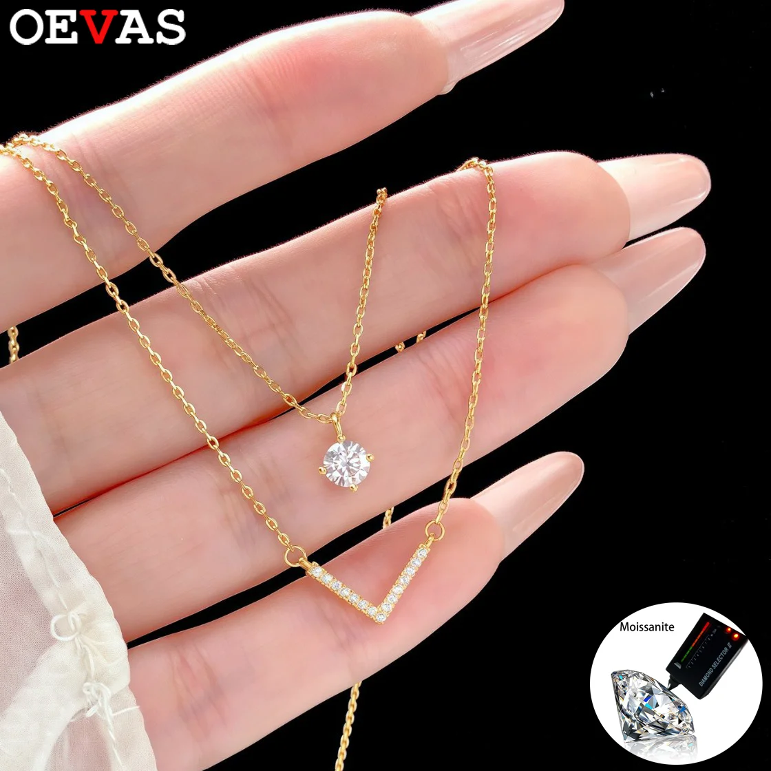 

OEVAS 0,5 карата 5 мм круглое ожерелье с подвеской из муассанита для женщин S925 серебряная двухслойная цепочка для свадебной вечеринки ювелирные изделия подарок