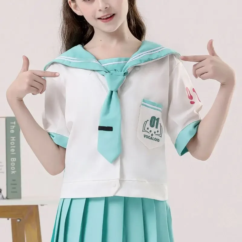 

Kawaii Hatsune Miku Short Sleeves Skirt Suit Anime Child Preppy Style T-shirt Pleated Skirt Student Fashion Trend JK Uniform