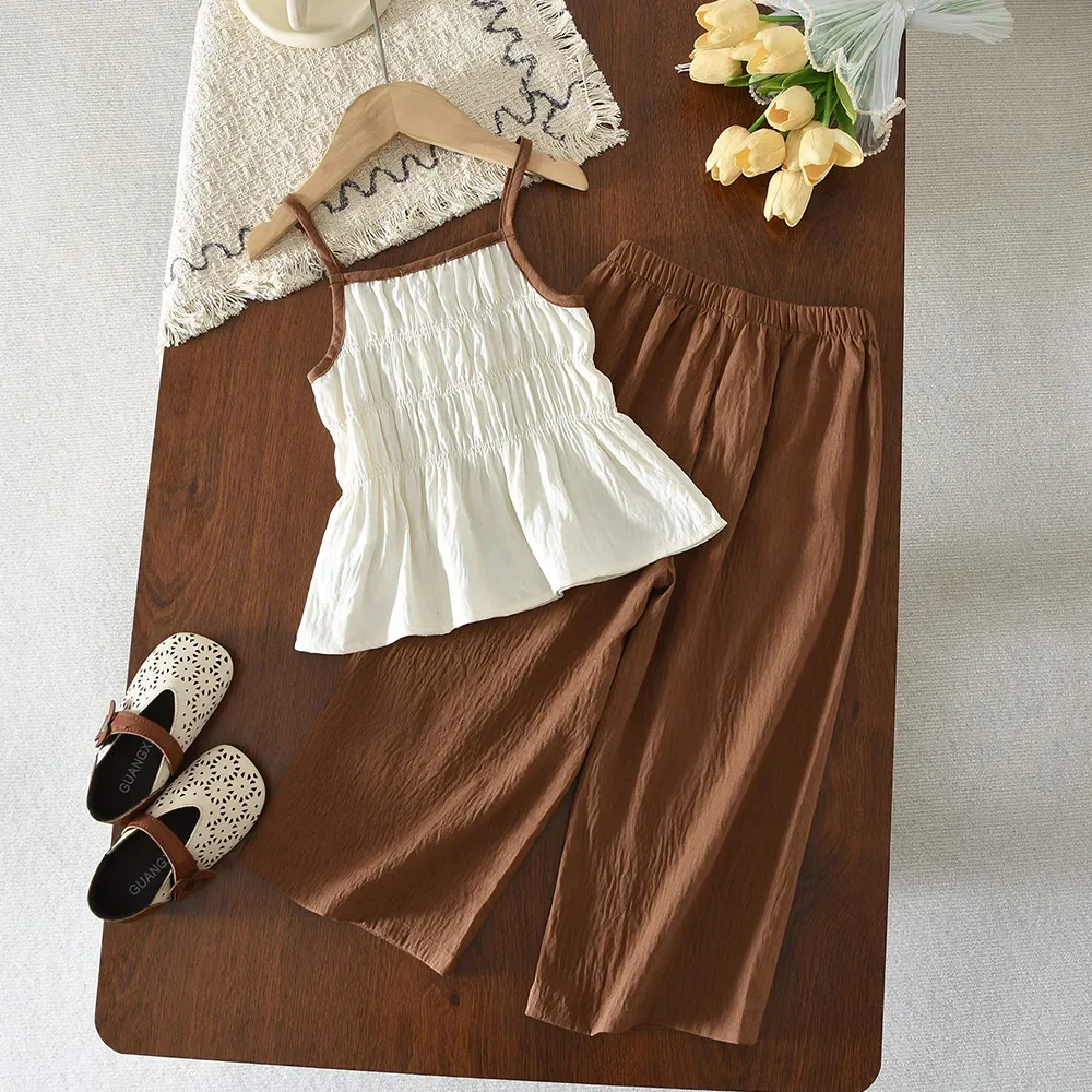 Bär Führer Mädchen Anzug Koreanische Version Sommer Khaki Rüschen Hosenträger T-shirt + Beige Hosen 2Pcs Set 3-7 jahre Kinder Kleidung – Detail 24
