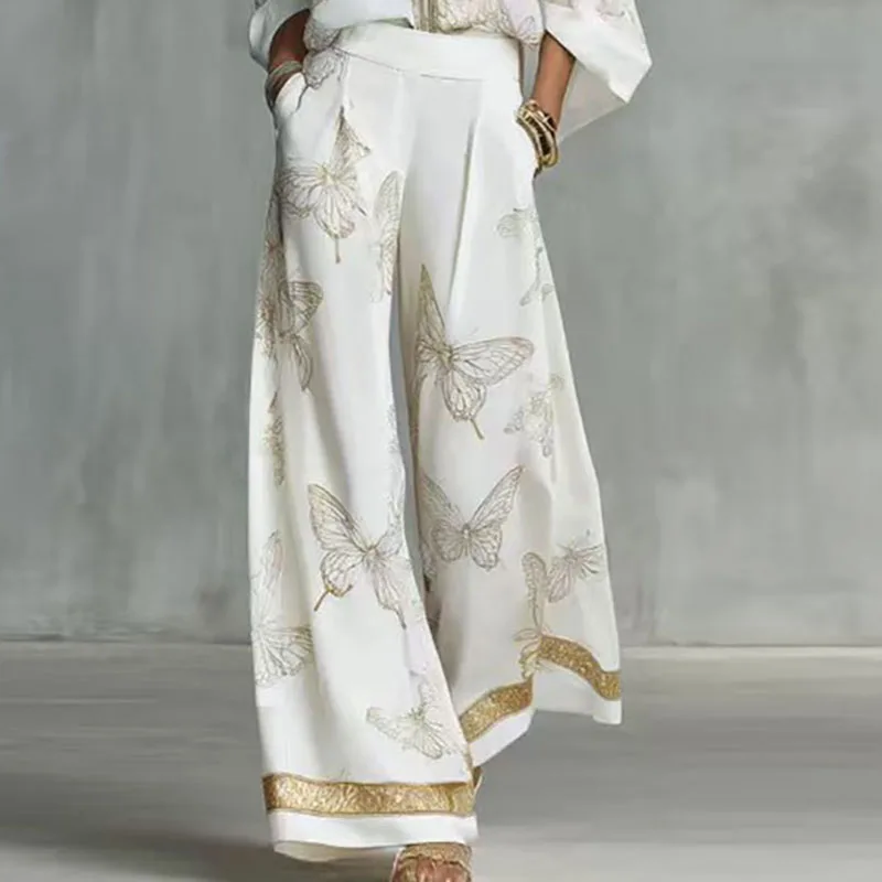 Greenora New Women Golden Butterfly Print Satin 2 Piece Sets Solid Zipper Lapel Shirt Wide Leg Pants Suit Elegant Holiday Matchi