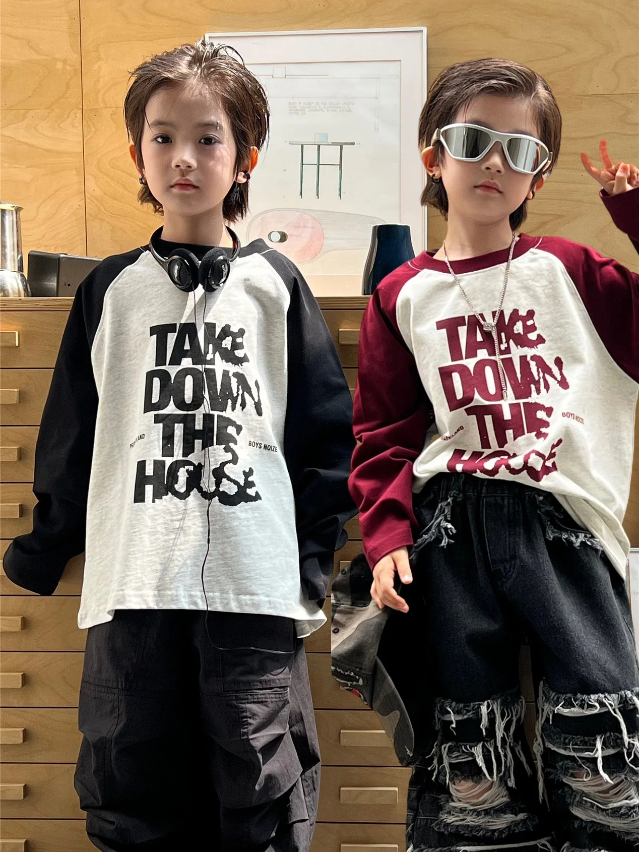 

2025 Autumn children's clothing children's shoulder insertion big letter contrasting color, boys and girls long