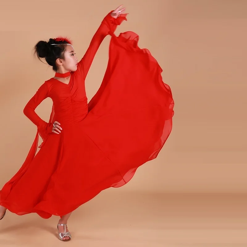 Girls Child Long Sleeve Tango Rumba Samba Flamenco Waltz Dance Competition Dress Dancewear Kids Standard Ballroom Dance Dress