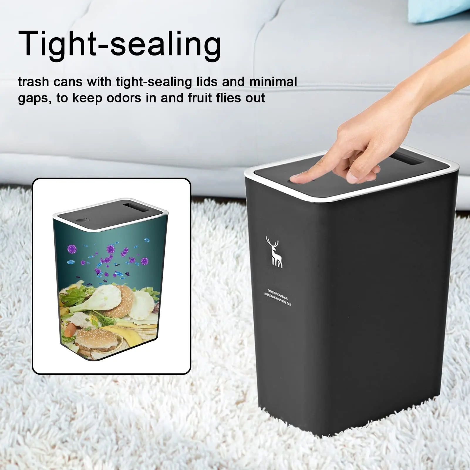 Bathroom Trash Can with Lid, 15 Liters Garbage Can with Press Top, Plastic Trash Bin, Waste Basket for Kitchen|Bedroom|Office