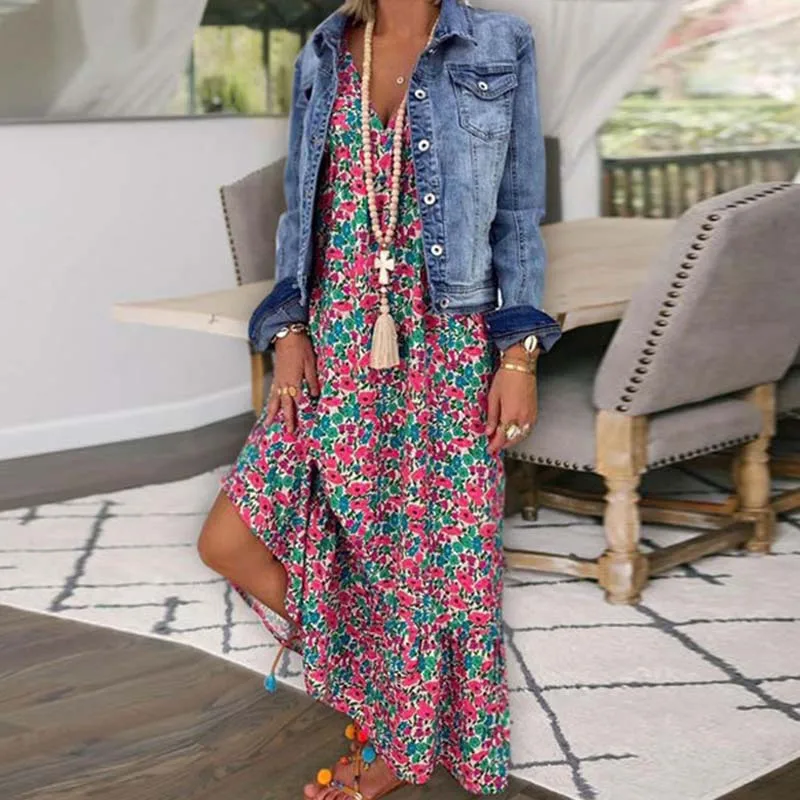 Elegante flor impressão solta suspensórios vestido de verão sexy profundo decote em v sem mangas bohe vestido longo 2023 moda feminina vestidos de festa