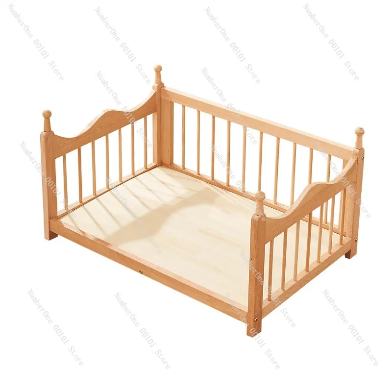 Solid Wood Dog Bed Moisture Proof Pet Bed Beech Wood Frame Pet Sleeping Bed Removable Washable Cat Dog Fence Style Elevated