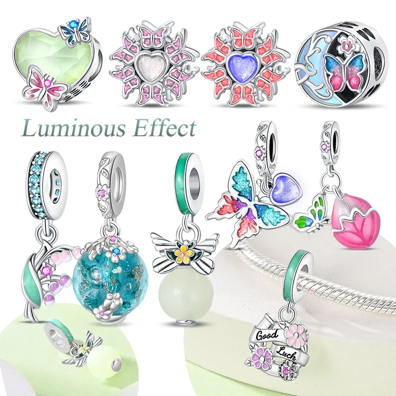 Silber S925 Schmetterling Anhänger Charme Leuchtende Perlen Herz Zirkon Fit Armbänder DIY Feine Geschenke Luxus Schmuck für Frauen