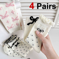 4 Pairs Women Bow Patterned Medium Length Socks Summer Lightweight Sweat Absorbing Breathable Soft Comfortable Casual Socks