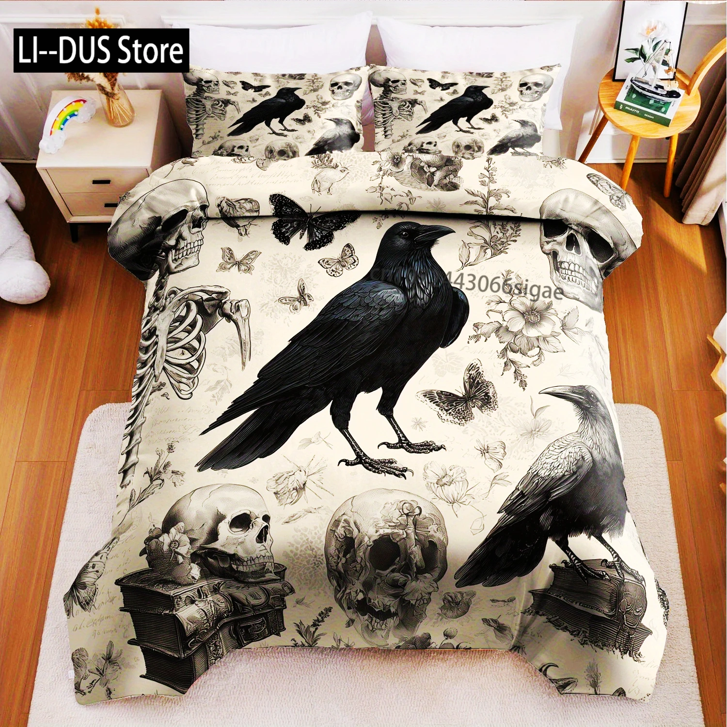 

Halloween Duvet Cover Set Without Core, Quilt Cover With 2 PillowcasesSoft And Machine Washable Gothic Skulls Crows Bedding