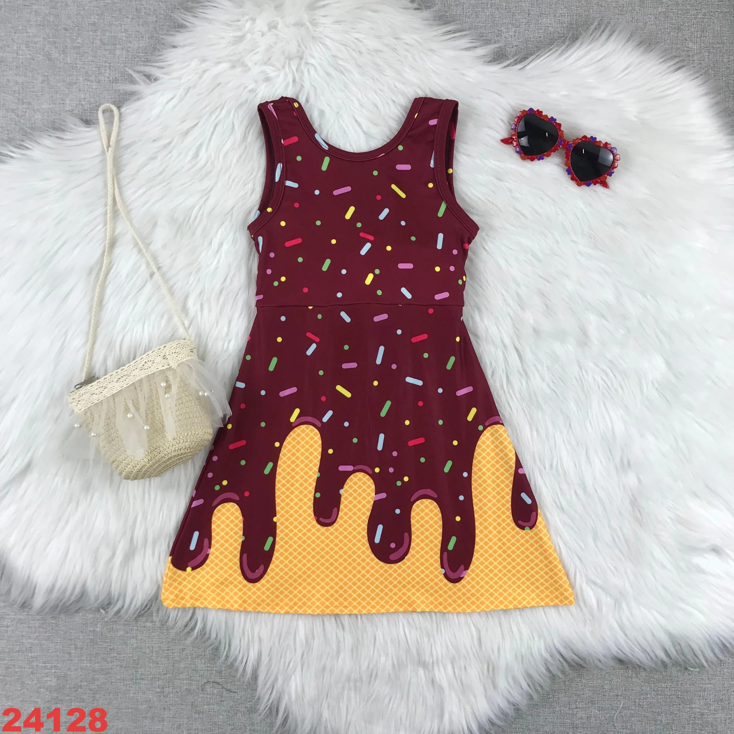 Ice cream Prints Girls Activewear Set Sleeveless  Skort Outfit Stretchy Spandex Nylon Fabric Sporty Gym Clothes for Baby