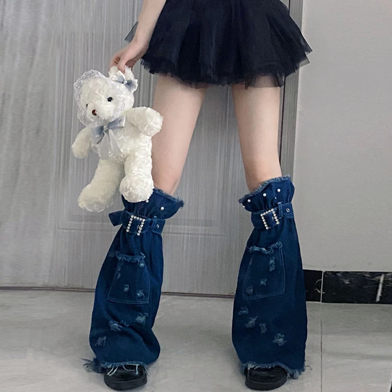 Women Denim Leg Warmers Adjustable Buckle Retro Knee High Socks Aesthetic Boot Cuffs for Streetwear Clothes Accessories