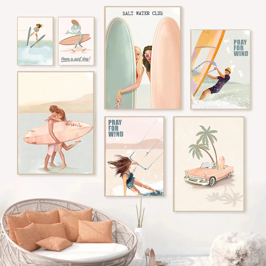 Vintage Pink Convertible Car Poster Girl Kitesurfer Beach Prints Windsurfing Canvas Painting Wall Pictures Summer House Decor