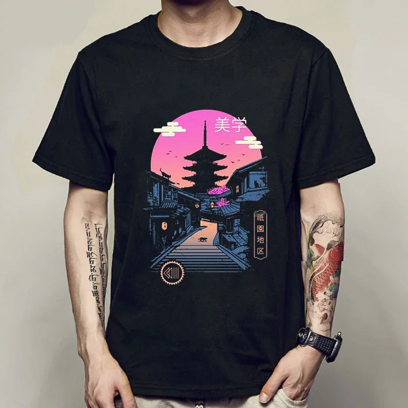 

Pagoda Wave Aesthetics Japanese Streetwear T Shirt Men Hip Hop Funny T-Shirt Summer Short Sleeve T Harajuku Cotton Tees New