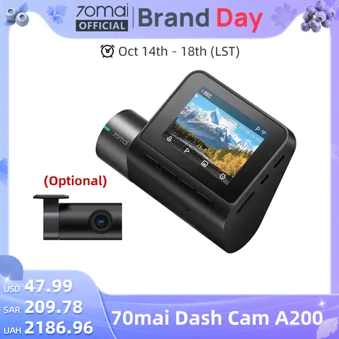 글로벌 버전 70mai 자동차 DVR1080P 자동 레코더 대시 캠 A200, 2 인치 LCD 화면, 24 시간 주차 지지대, 130 ° FOV 듀얼 채널 레코드