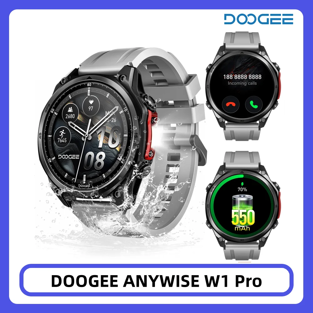 DOOGEE ANYWISE W1 PRO Smartwatch 178 Sports Modes Health Monitoring Geomagnetic Sensor Offline Maps 1.43'' 5ATM Water Resistance