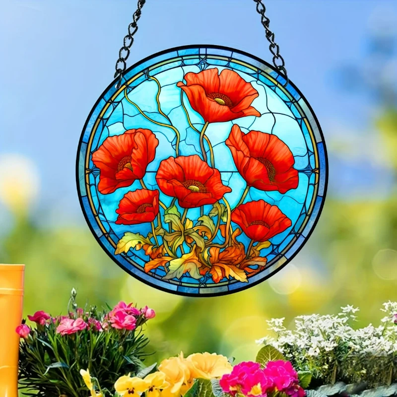 Flower Stained Acrylic Window Hanging Sun Catcher Suncatcher Panel with Chain Ornament for Windows Home Wall Art Decor Gift