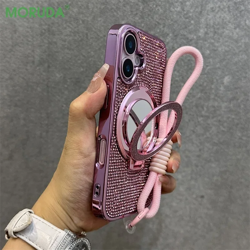 Glitter Fold Mirror Bracket for Luxury Diamond Case for iPhone 16 15 14 13 12 11 Pro Max Plus Wristband Hanging Rope Shiny Cover