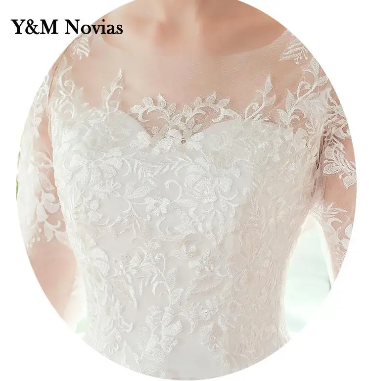 Muślin Vestidos De Novia w nowym stylu O-Neck Plus rozmiar suknia ślubna rękaw 3/4 kobiety koronkowe aplikacje suknia ślubna typu princeska